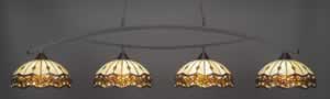 Bow 4 Light Billiard Light Shown In Dark Granite Finish With 16" Roman Jewel Tiffany Glass