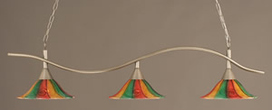 Swoop 3 Light Billiard Light Shown In Brushed Nickel Finish With 14" Mardi Gras Glass