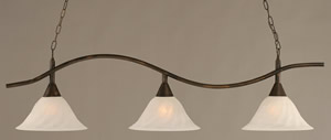 Swoop 3 Light Billiard Light Shown In Bronze Finish With 14" White Alabaster Swirl Glass