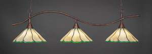 Swoop 3 Light Billiard Light Shown In Bronze Finish With 16" Honey & Hunter Green Flair Tiffany Glass