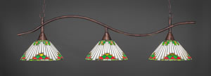 Swoop 3 Light Billiard Light Shown In Bronze Finish With 15" Green Sunray Tiffany Glass