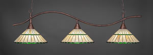 Swoop 3 Light Billiard Light Shown In Bronze Finish With 15.5" Honey Glass & Green Tiffany Glass