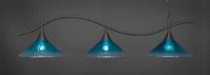 Swoop 3 Light Billiard Light Shown In Dark Granite Finish With 16" Teal Crystal Glass