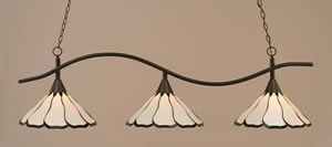 Swoop 3 Light Billiard Light Shown In Dark Granite Finish With 16" Pearl & Black Flair Tiffany Glass