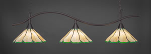 Swoop 3 Light Billiard Light Shown In Dark Granite Finish With 16" Honey & Hunter Green Flair Tiffany Glass