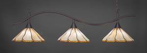 Swoop 3 Light Billiard Light Shown In Dark Granite Finish With 16" Honey & Brown Flair Tiffany Glass