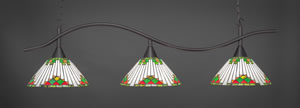 Swoop 3 Light Billiard Light Shown In Dark Granite Finish With 15" Green Sunray Tiffany Glass