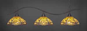 Swoop 3 Light Billiard Light Shown In Dark Granite Finish With 16" Amber Dragonfly Tiffany Glass