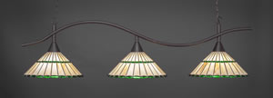 Swoop 3 Light Billiard Light Shown In Dark Granite Finish With 15.5" Honey Glass & Green Jewels Tiffany Glass
