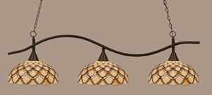 Swoop 3 Light Billiard Light Shown In Dark Granite Finish With 16" Honey & Brown Scallop Tiffany Glass