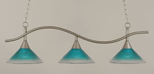 Swoop 3 Light Island Light Shown In Brushed Nickel Finish With 12" Teal Crystal Glass