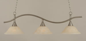 Swoop 3 Light Island Light Shown In Brushed Nickel Finish With 12" Amber Marble Glass