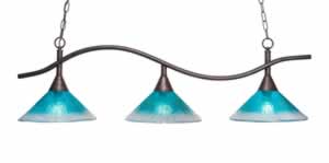 Swoop 3 Light Island Light Shown In Bronze Finish With 12" Teal Crystal Glass