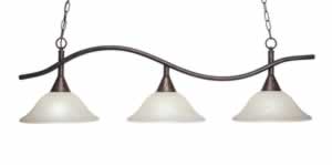 Swoop 3 Light Island Light Shown In Bronze Finish With 12" Amber Marble Glass