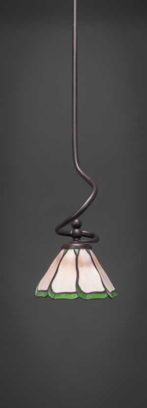 Capri Stem Mini Pendant With Hang Straight Swivel Shown In Dark Granite Finish With 7" Honey & Hunter Green Flair Tiffany Glass