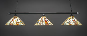 Square 3 Light Bar With Square Fitters With Square Fitters Shown In Brushed Nickel Finish With 14" Fiesta Art Glass