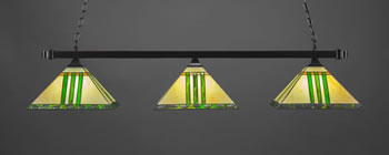 Square 3 Light Bar With Square Fitters With Square Fitters Shown In Brushed Nickel Finish With 14" Green & Metal Leaf Art Glass