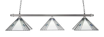 Square 3 Light Bar With Square Fitters With Square Fitters Shown In Brushed Nickel Finish With 14" Sky Ice Art Glass