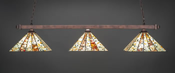 Square 3 Light Bar With Square Fitters Shown In Bronze Finish With 14" Fiesta Art Glass