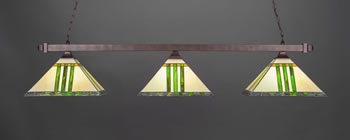 Square 3 Light Bar With Square Fitters Shown In Bronze Finish With 14" Green & Metal Leaf Art Glass