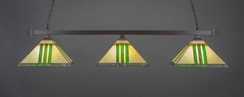 Square 3 Light Bar With Square Fitters Shown In Dark Granite Finish With 14" Green & Metal Leaf Art Glass