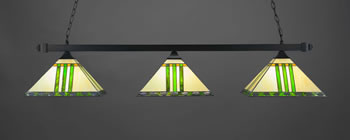 Square 3 Light Bar With Square Fitters Shown In Matte Black Finish With 14" Green & Metal Leaf Art Glass