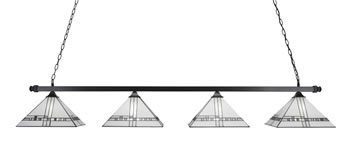 Square 4 Light Bar Shown In Matte Black Finish With 14" New Deco Art Glass