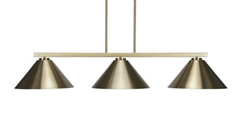 Atlas 3 Light Bar Shown In New Age Brass Finish With 14" New Age Brass Cone Metal Shades