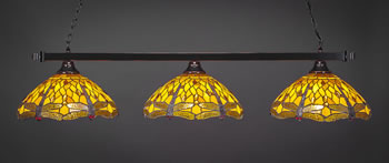 Square 3 Light Bar Shown In Black Copper Finish With 16" Amber Dragonfly Art Glass