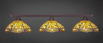 Square 3 Light Bar Shown In Bronze Finish With 16" Amber Dragonfly Art Glass