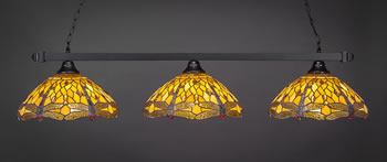 Square 3 Light Bar Shown In Matte Black Finish With 16" Amber Dragonfly Art Glass